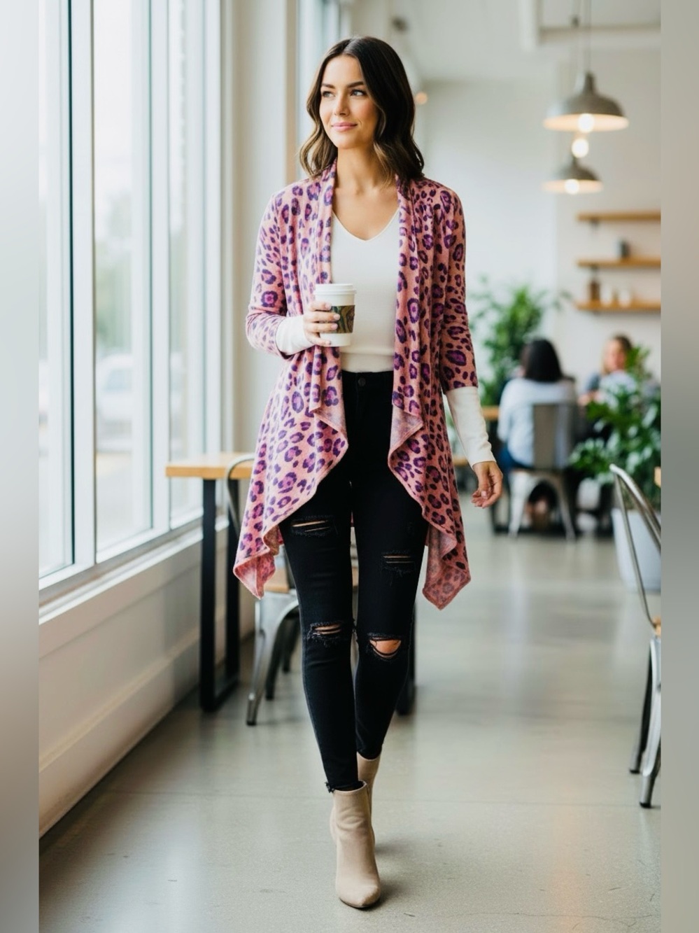 Boston Proper Women’s Pink and Purple Leopard Cardigan - Small